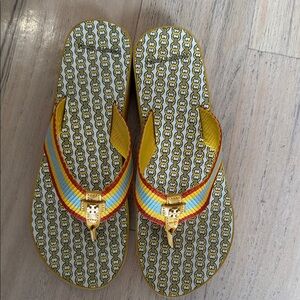 Tory Burch Chain Pattern Flip Flops with Striped Straps